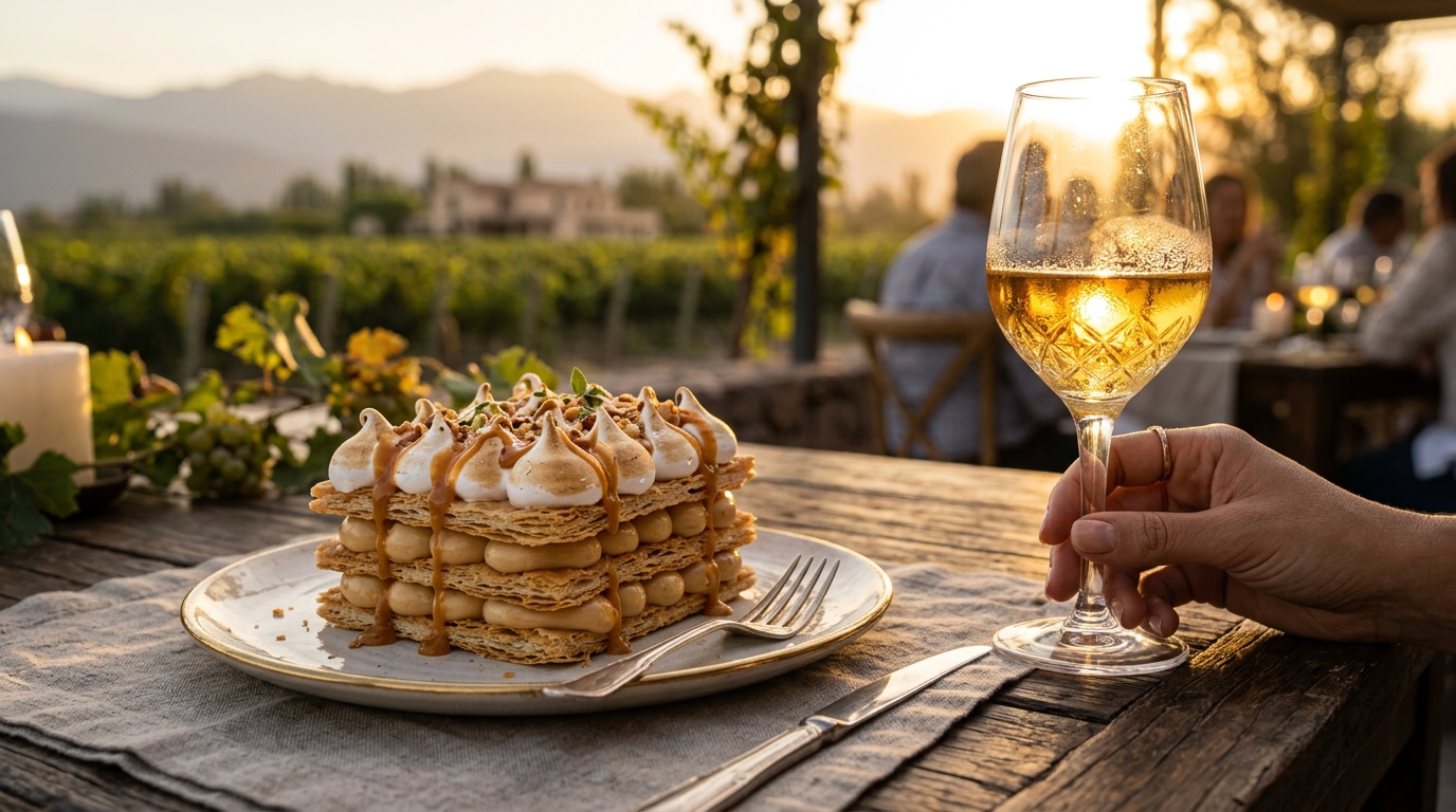 Artisanal dulce de leche rogel cake with a glowing glass of late-harvest Torrontés wine at sunset in Mendoza