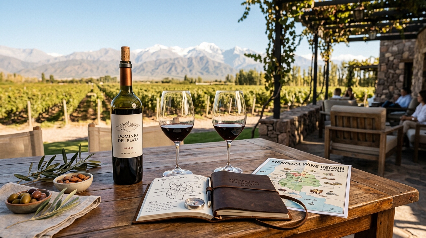 Mendoza wine tour planning table with wine glasses map and Andes view