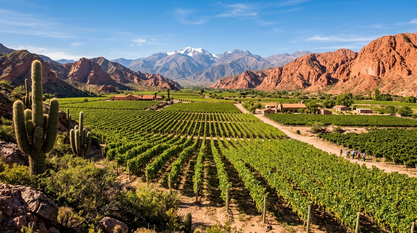 Lush high-altitude vineyards of Cafayate surrounded by red canyon mountains and Andes in Salta