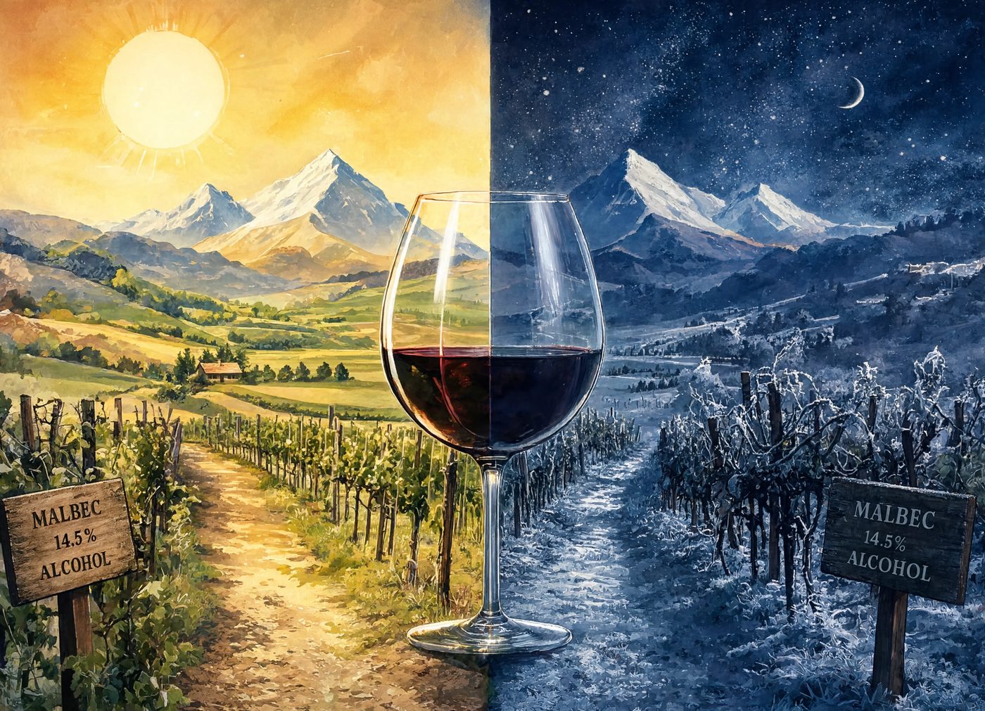 A split scene of blazing vineyard day and frosty starry night over the Andes