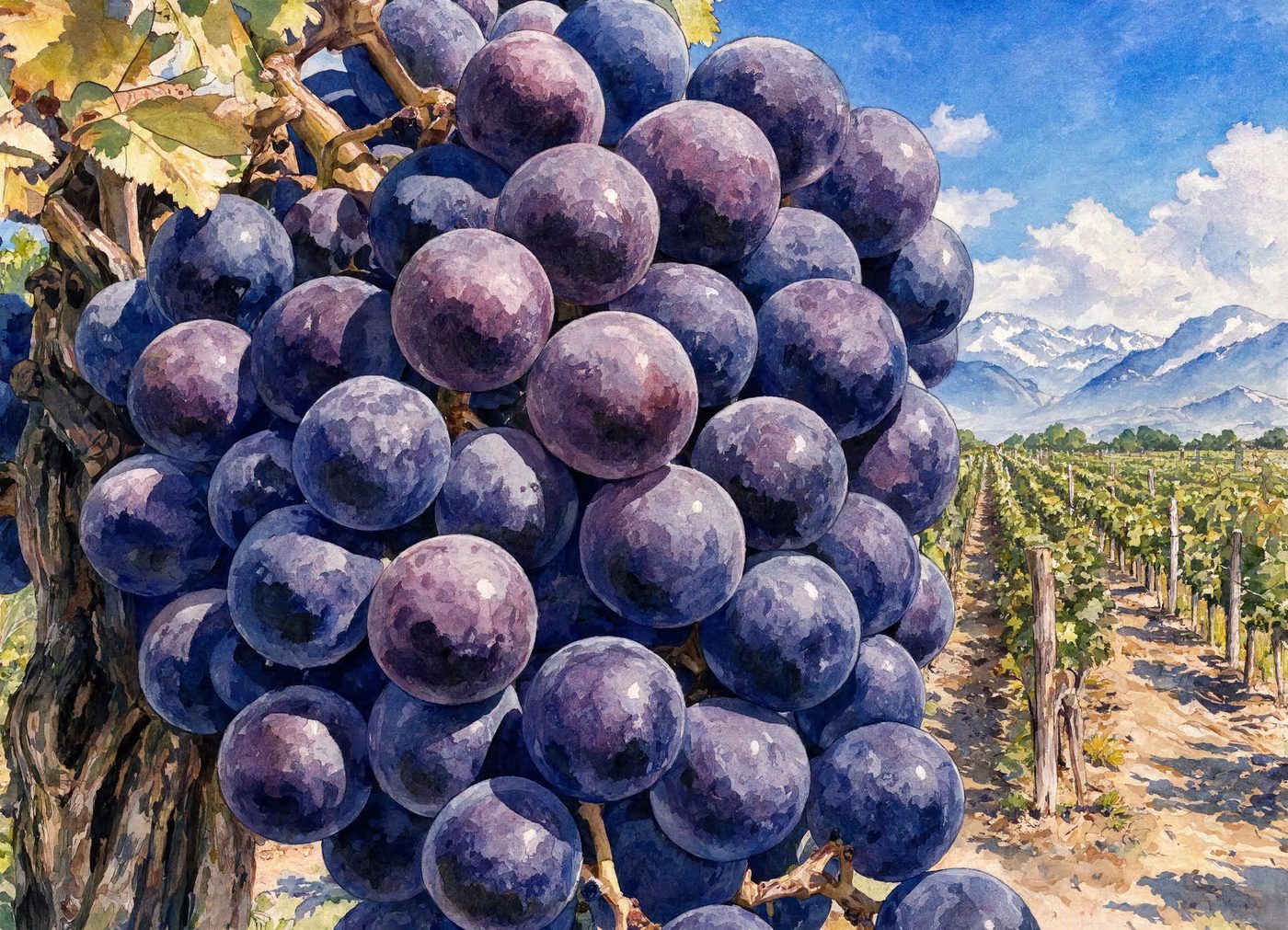 A sunlit cluster of deep-purple Malbec grapes against the Andes