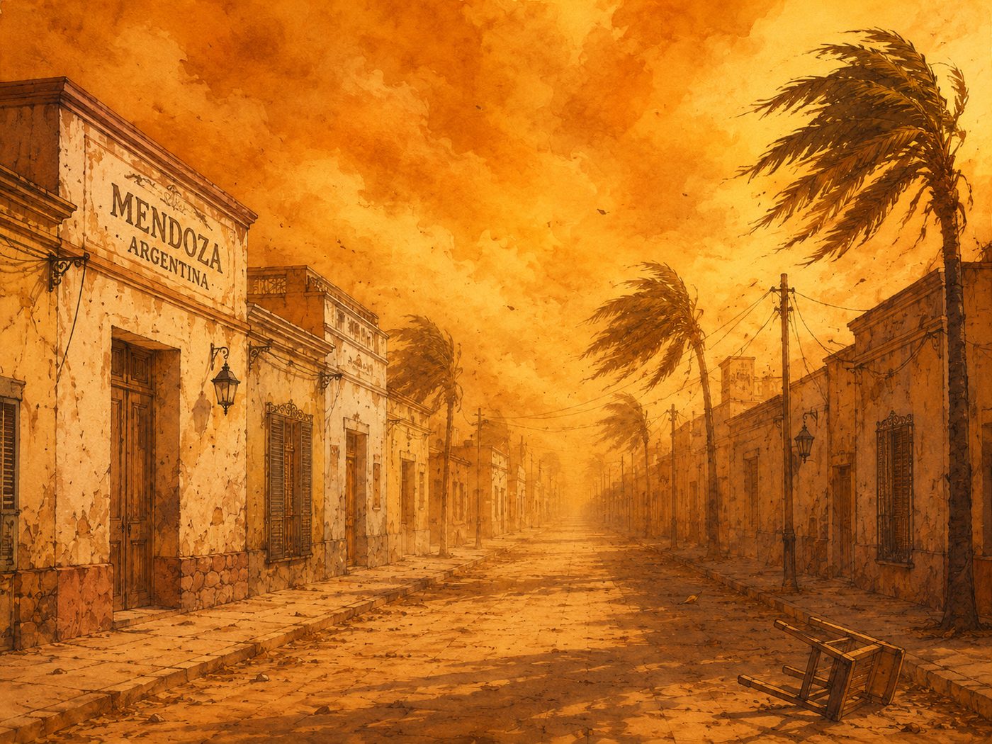 An emptied Mendoza street under an ochre dust haze, palms bent by a hot wind