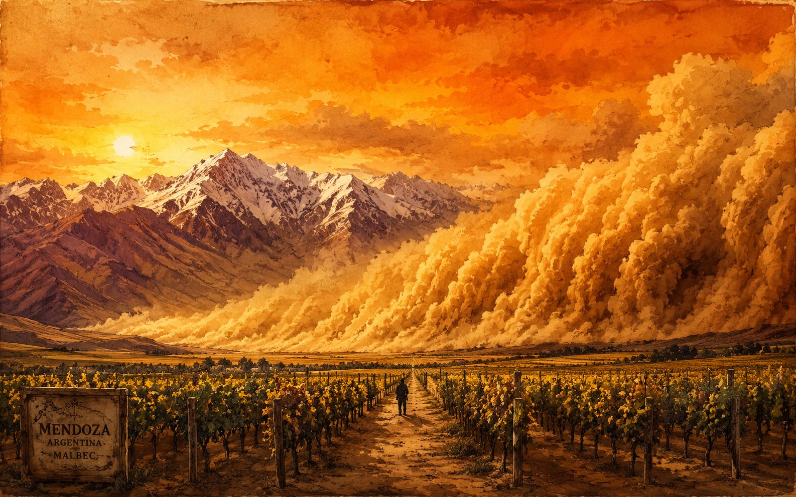 Ochre dust haze rolling off the Andes over Mendoza vineyards